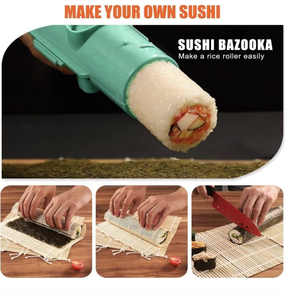 A sushi-making tool called the "Sushi Bazooka" is shown, perfect for crafting rice rolls for New Year's recipes. The process involves placing ingredients on seaweed, rolling with a bamboo mat, and slicing with a knife effortlessly.